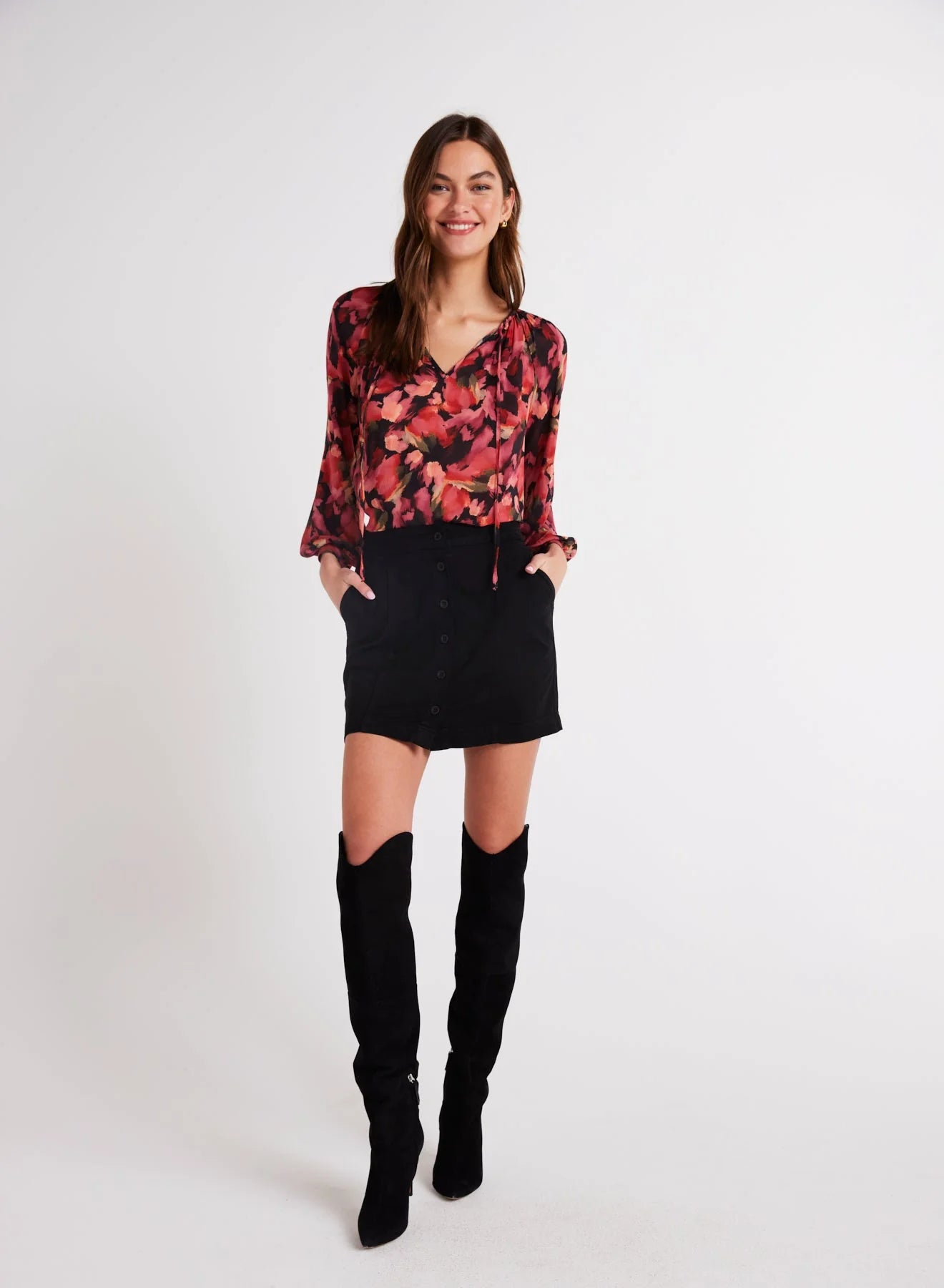 Shirred Raglan Tie Front Blouse