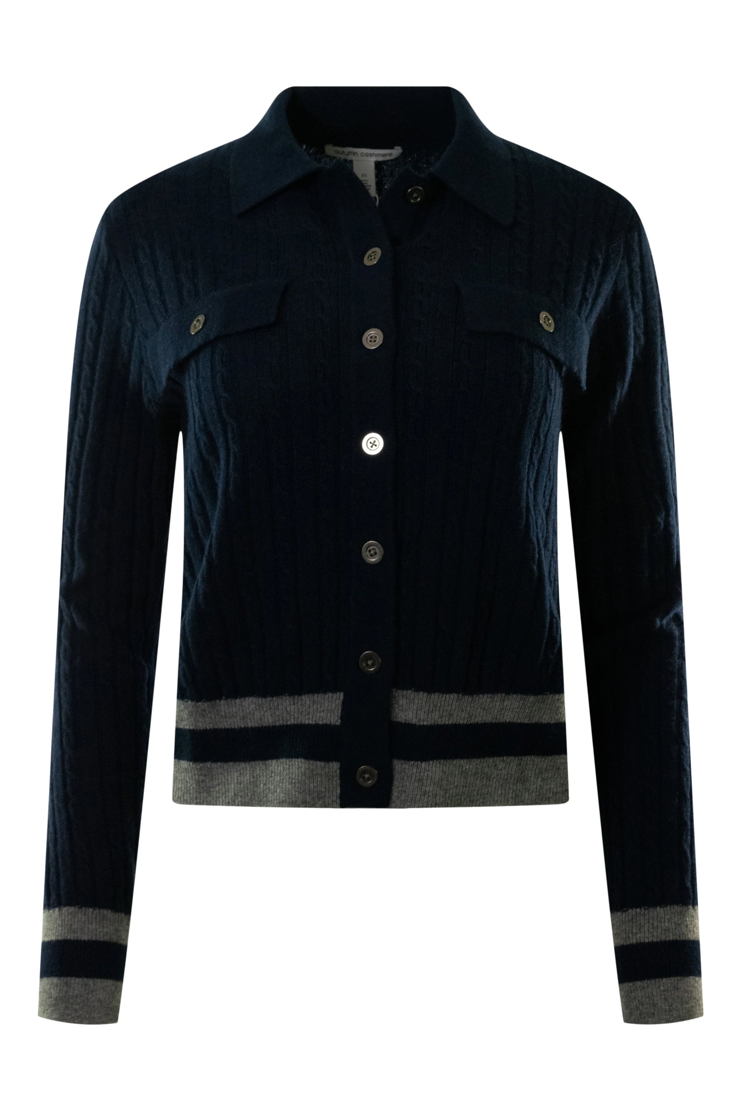 Collared Cabled Cardigan in Navy Combo