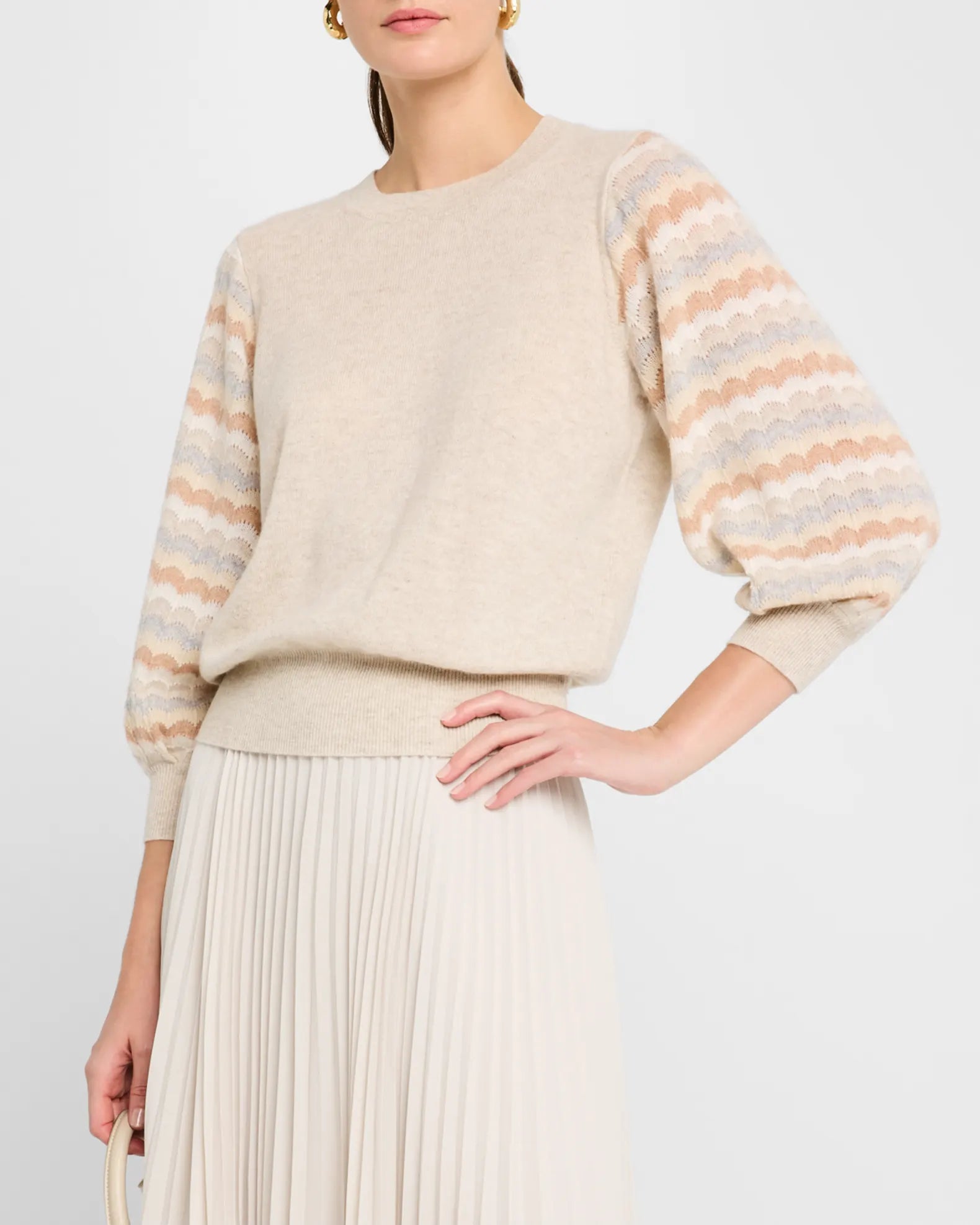 Striped Puff-Sleeve Cashmere Sweater