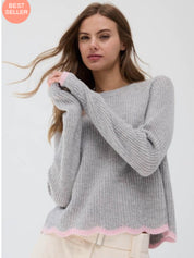 Tipped Scallop Shaker-Knit Crewneck Sweater