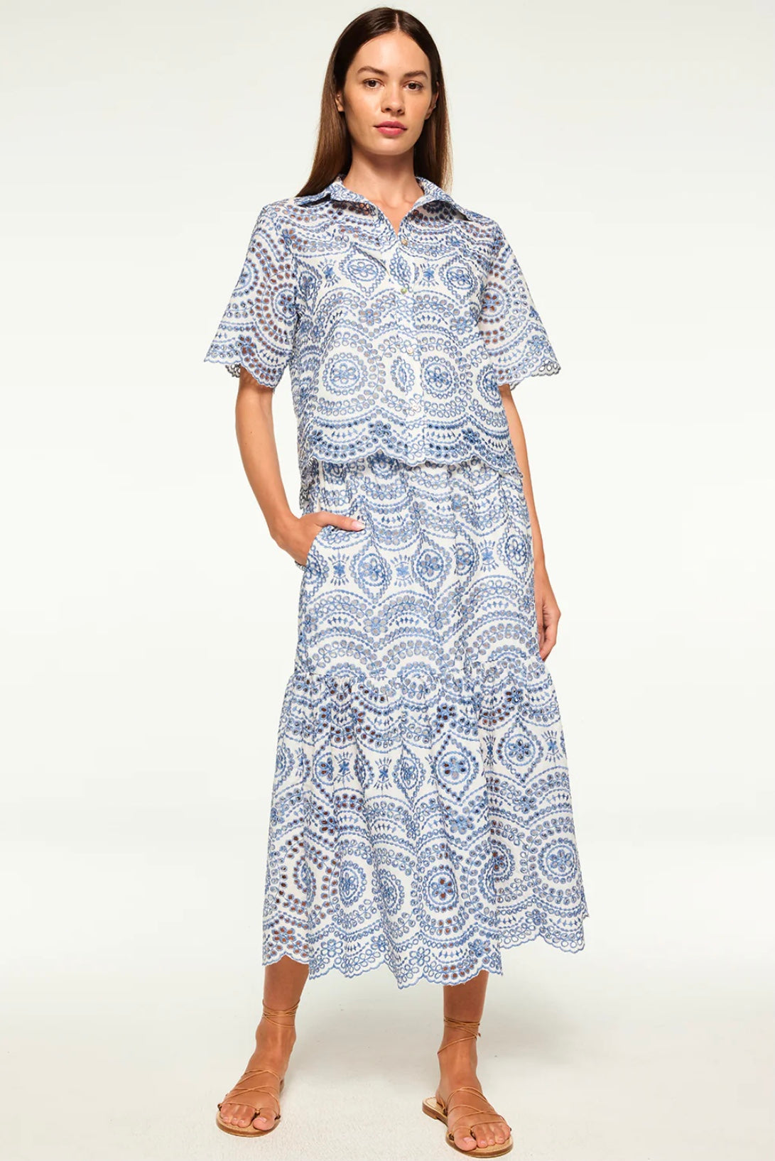 MISA ITZEL SKIRT | Blue Embroidered Cotton Eyelet