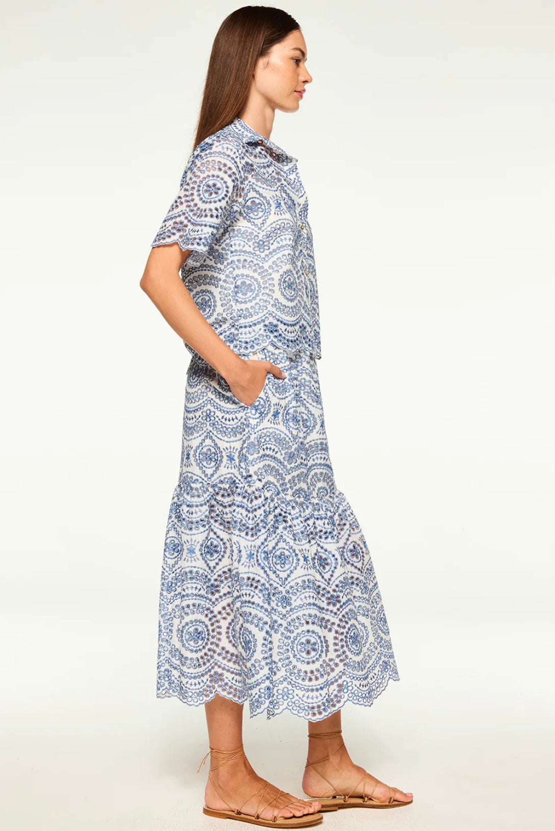 MISA ITZEL SKIRT | Blue Embroidered Cotton Eyelet