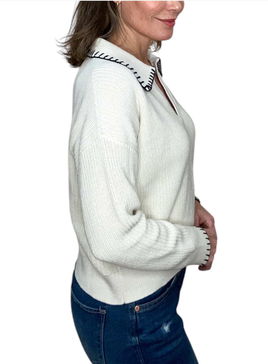 J Society Polo Sweater with Contrast Whip Stitch | White/Black