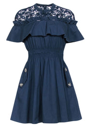 Self-Portrait - Navy Poplin & Embroidered Lace Short Sleeve Dress