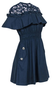 Self-Portrait - Navy Poplin & Embroidered Lace Short Sleeve Dress