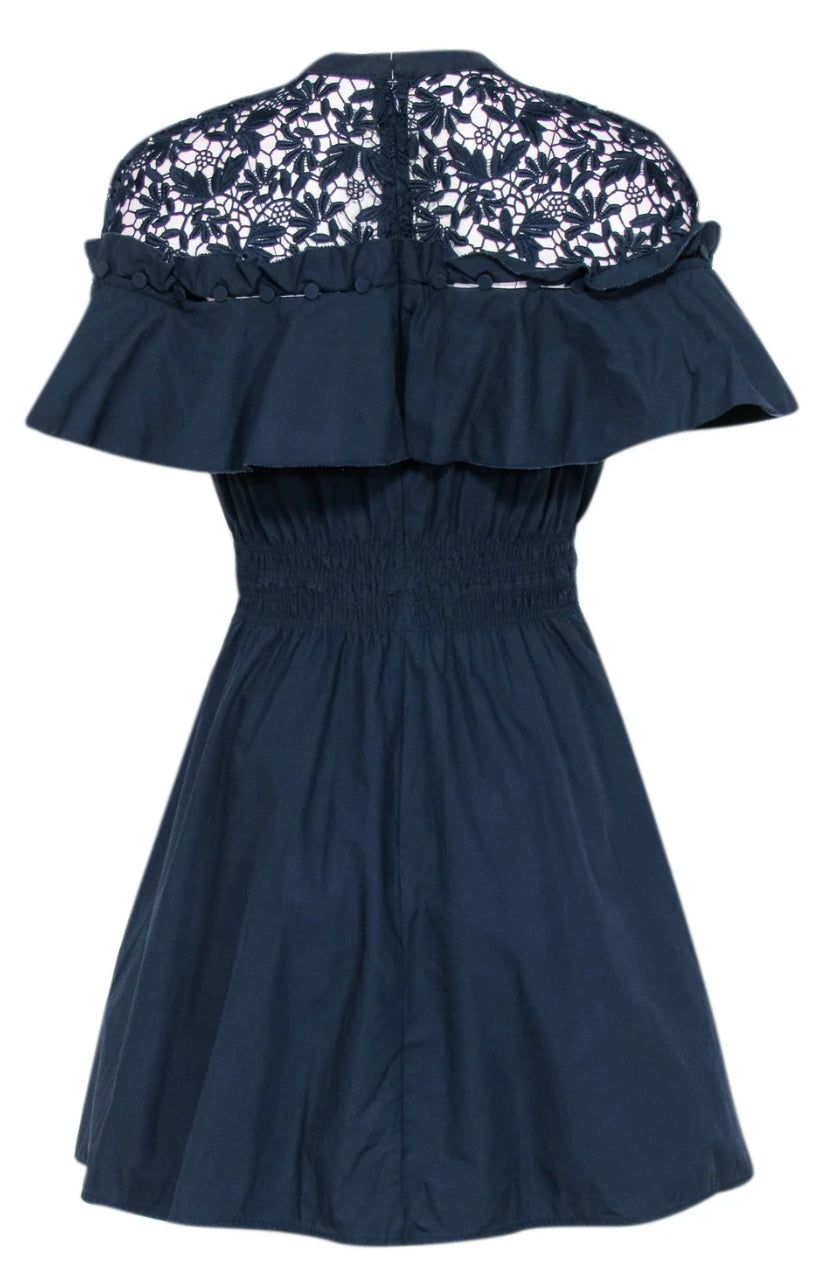 Self-Portrait - Navy Poplin & Embroidered Lace Short Sleeve Dress