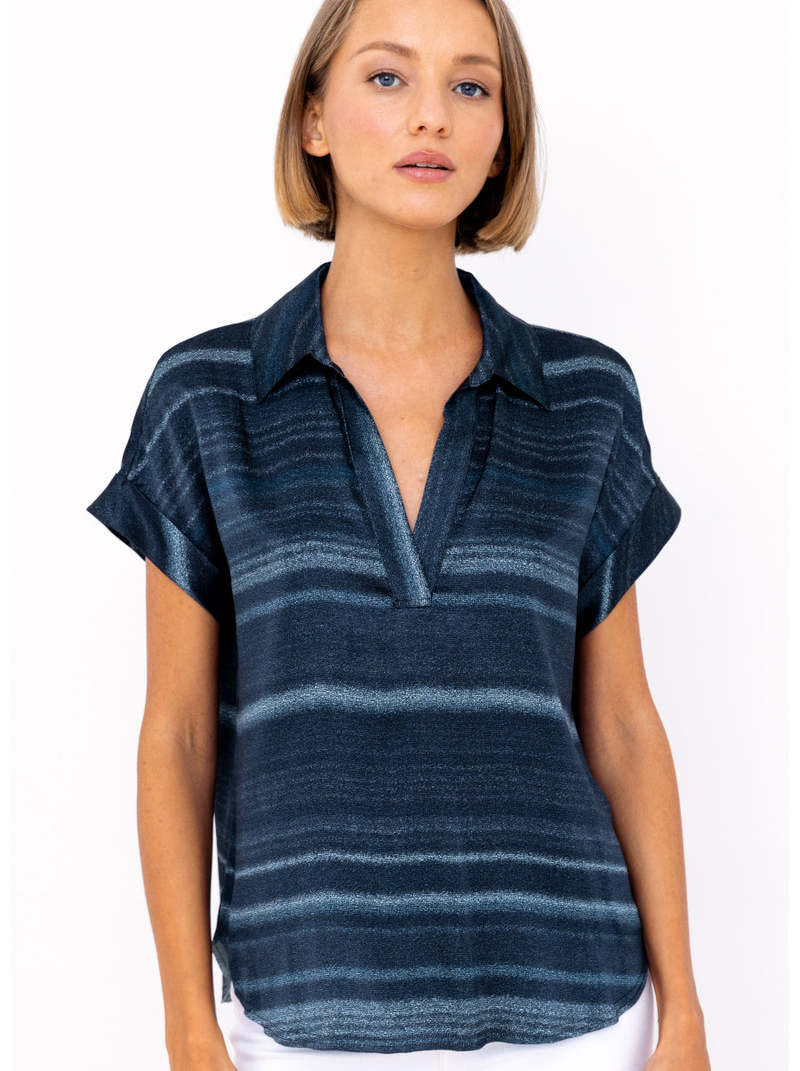 Go Luxe Polo Printed Blouse | Blue Jean Stripe Horizon